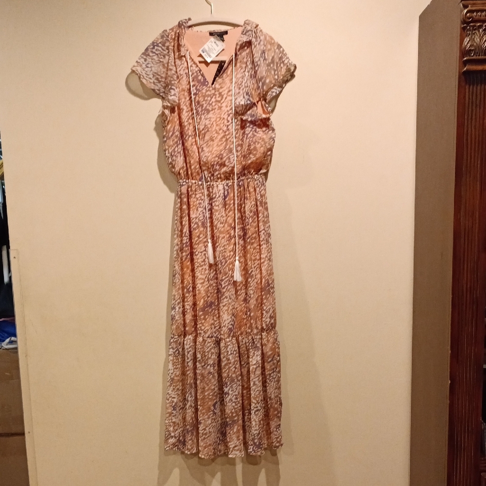 Women's Peach Floral Tiered Maxi Dress with Drawstring